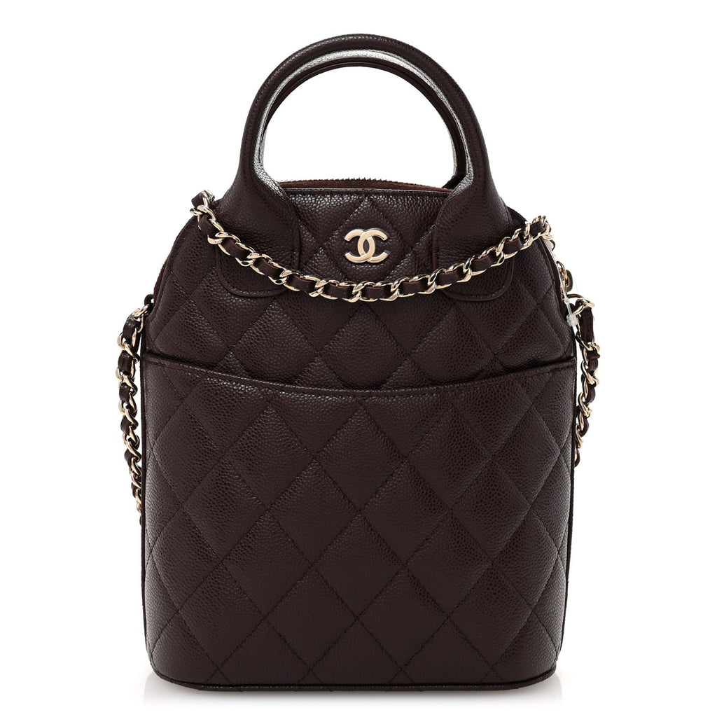 Caviar Quilted Top Handle Clutch With Chain Dark Brown