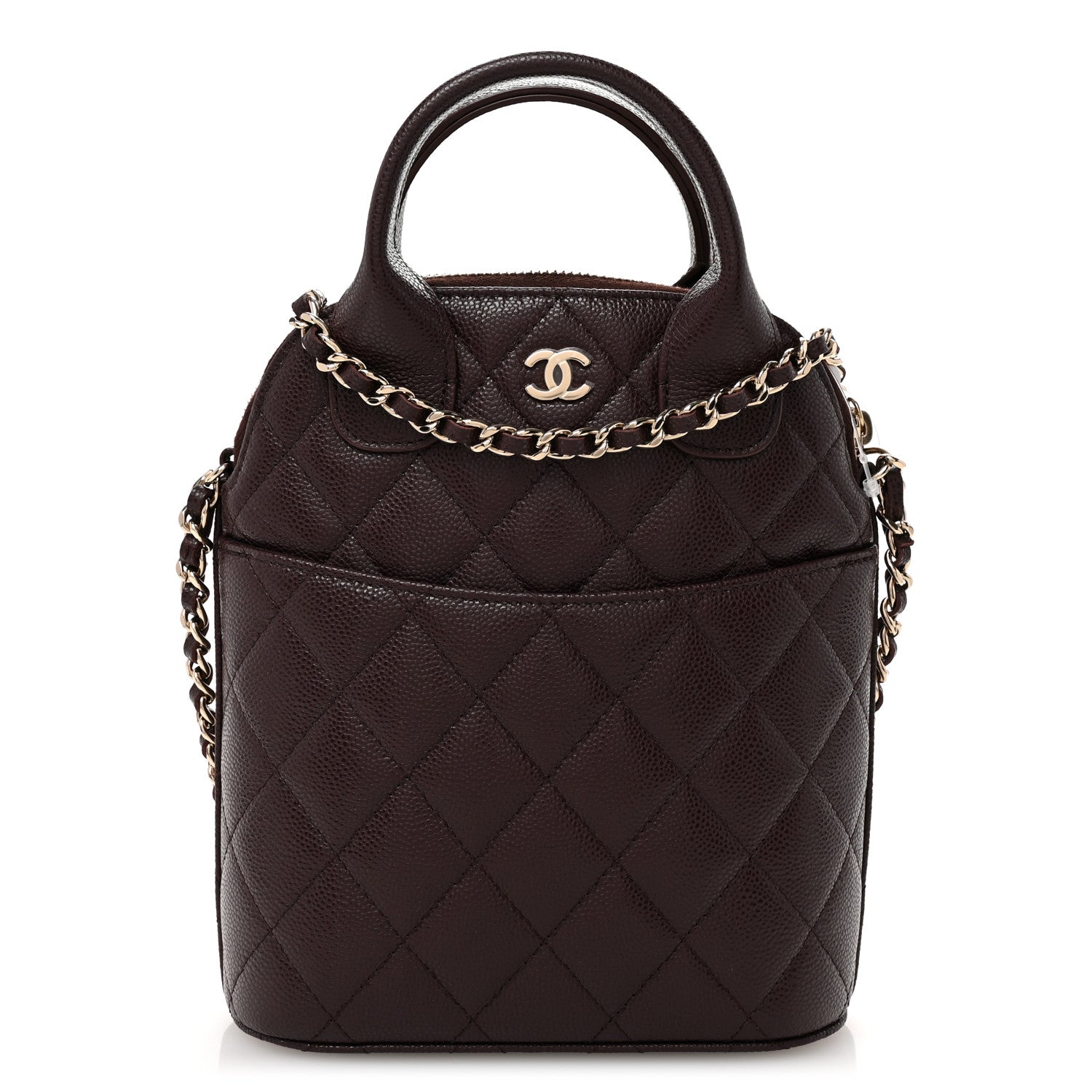 Caviar Quilted Top Handle Clutch With Chain Dark Brown