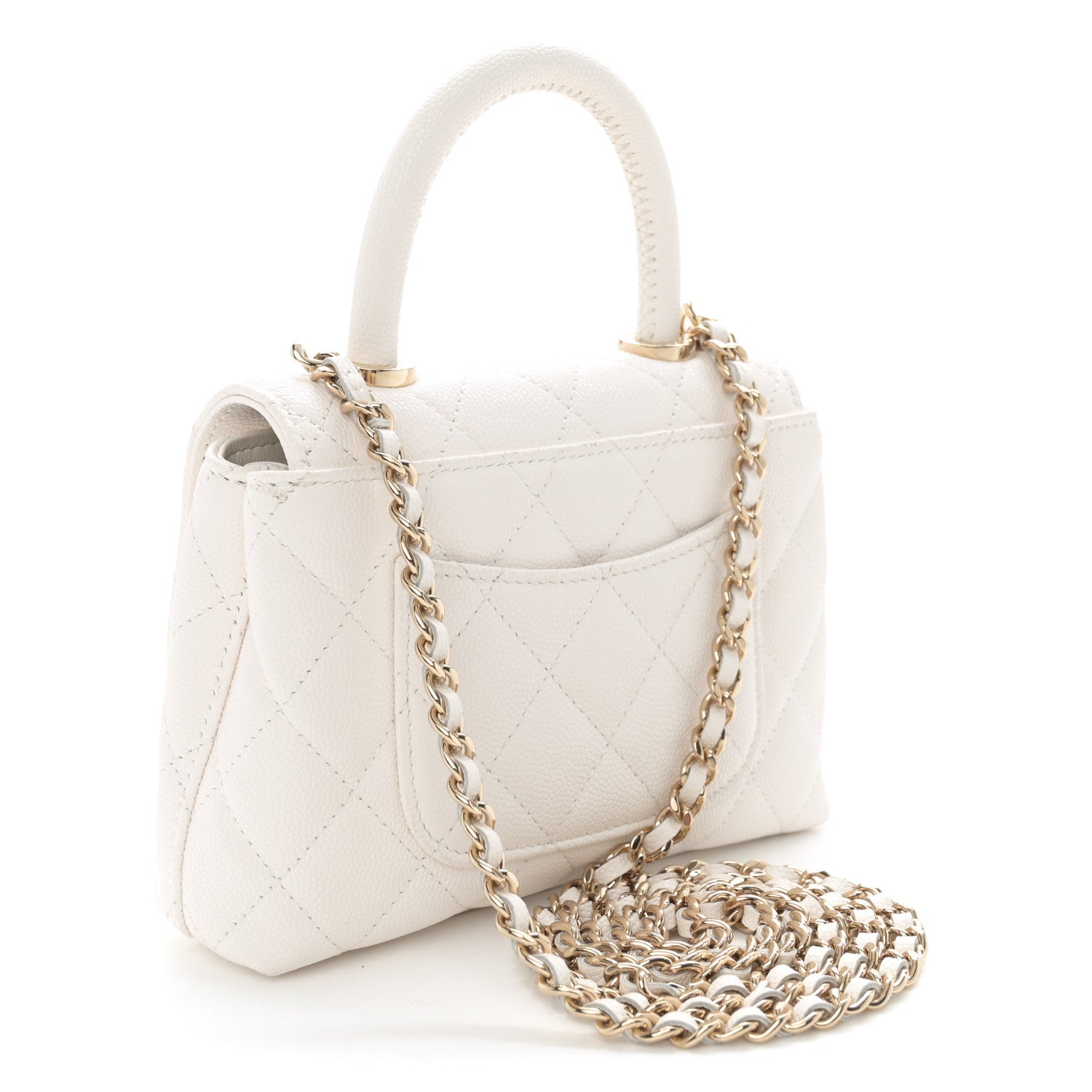 Caviar Quilted Coco Handle Clutch With Chain White