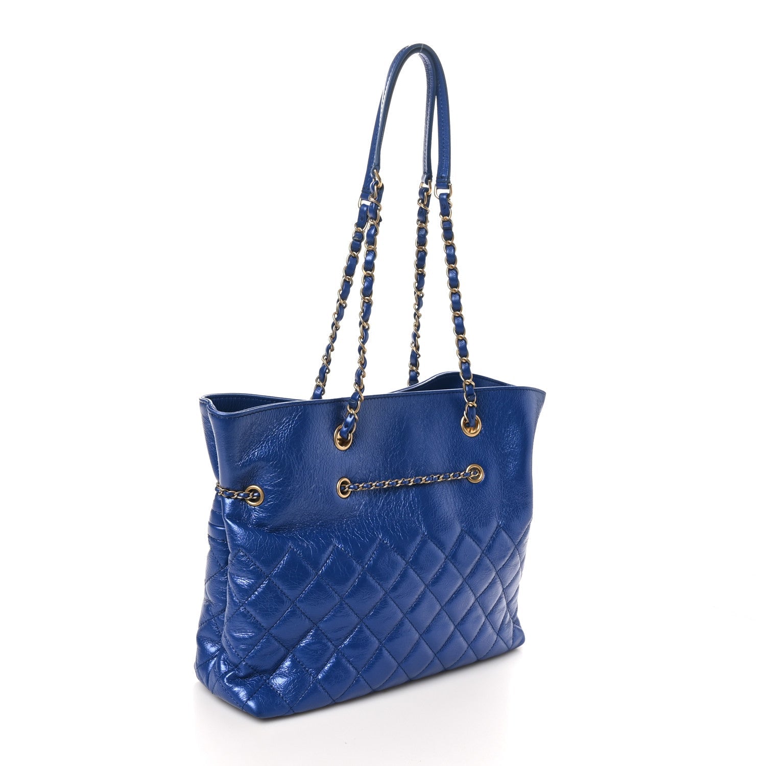 Metallic Aged Calfskin Quilted Drawstring Shopping Tote Blue
