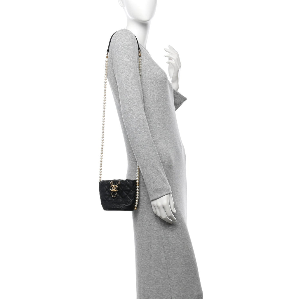Calfskin Quilted Pearl Mini About Pearls Drawstring Bucket Bag Black
