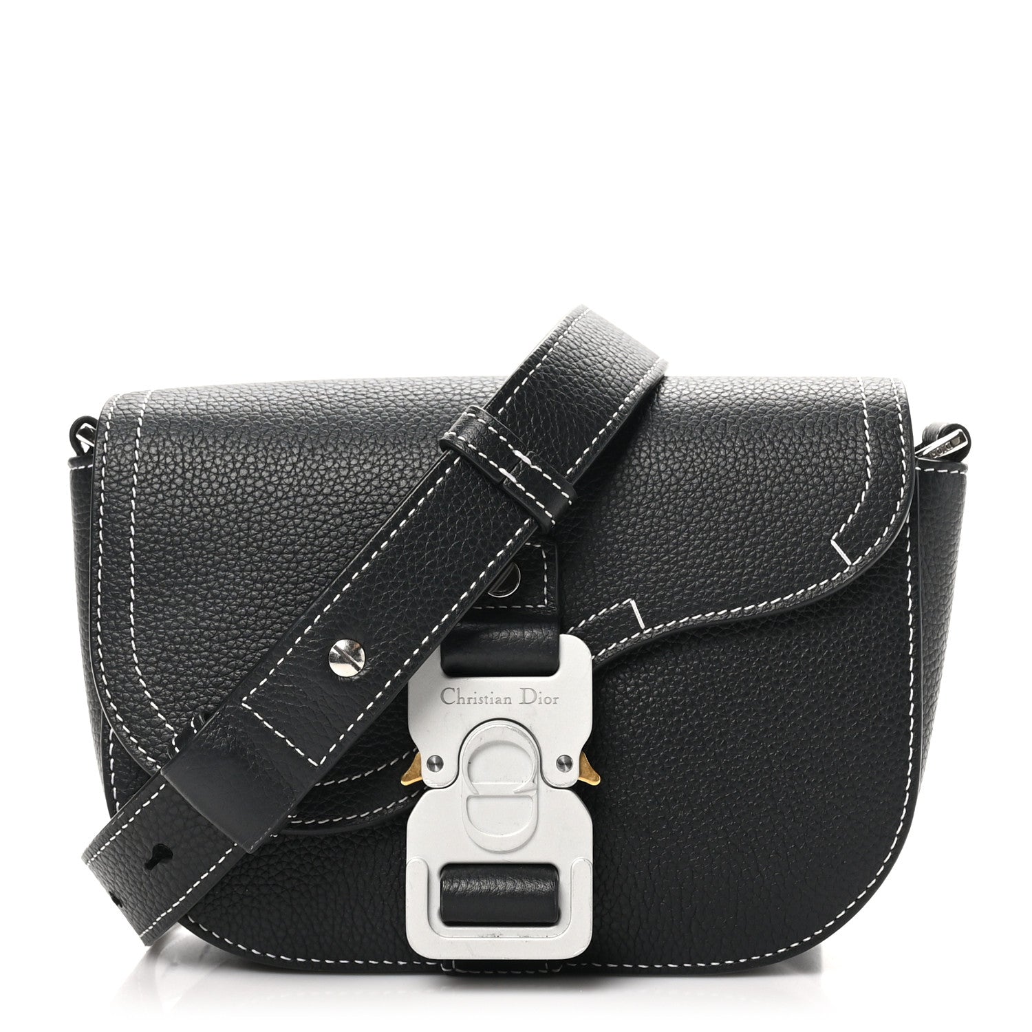 Grained Calfskin Saddle Messenger Bag With Strap Black