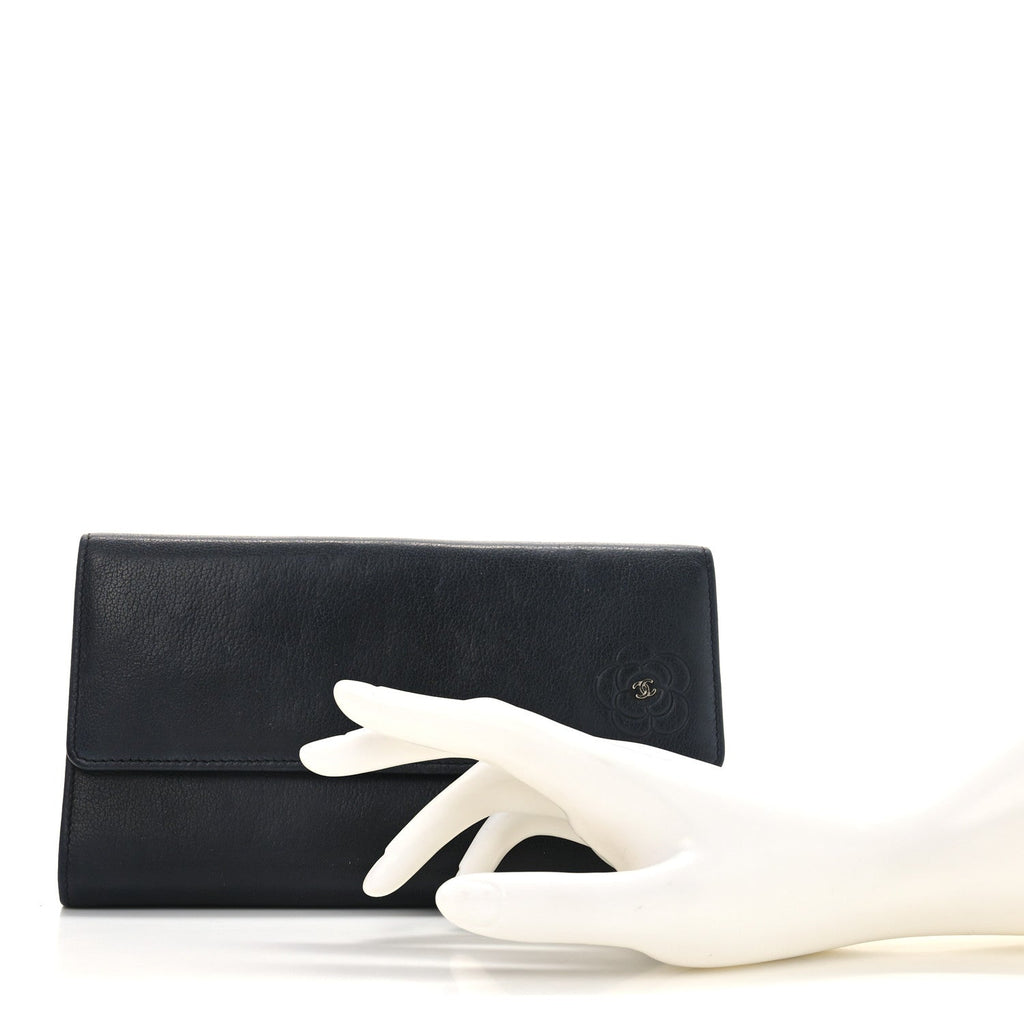 Goatskin Camellia Embossed Flap Wallet Black
