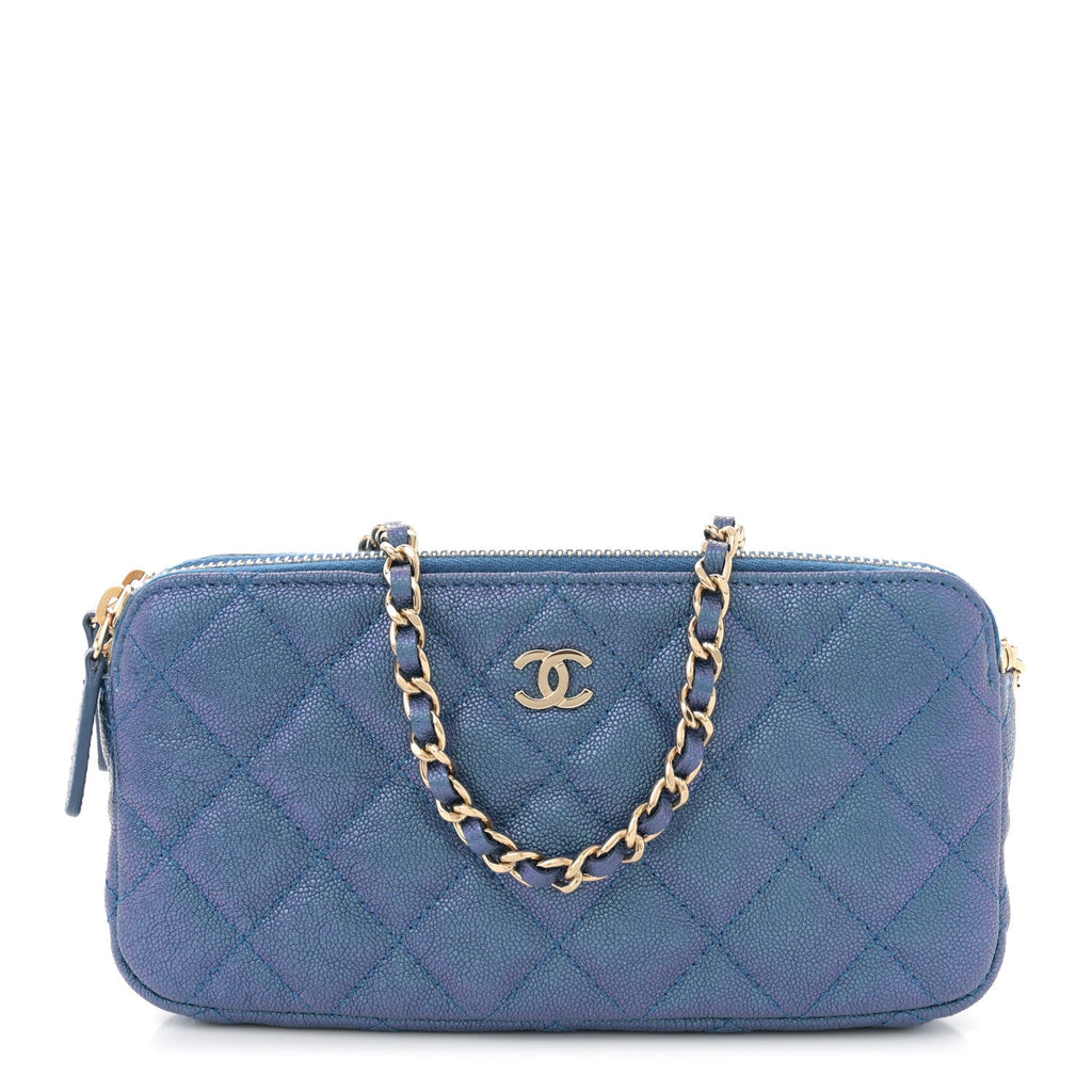 Iridescent Caviar Quilted Clutch With Chain Dark Blue