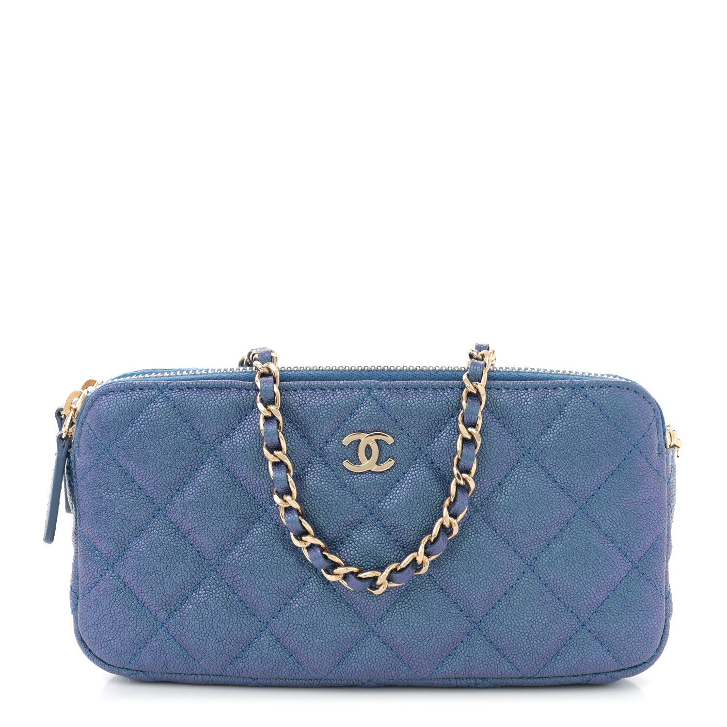 Iridescent Caviar Quilted Clutch With Chain Dark Blue