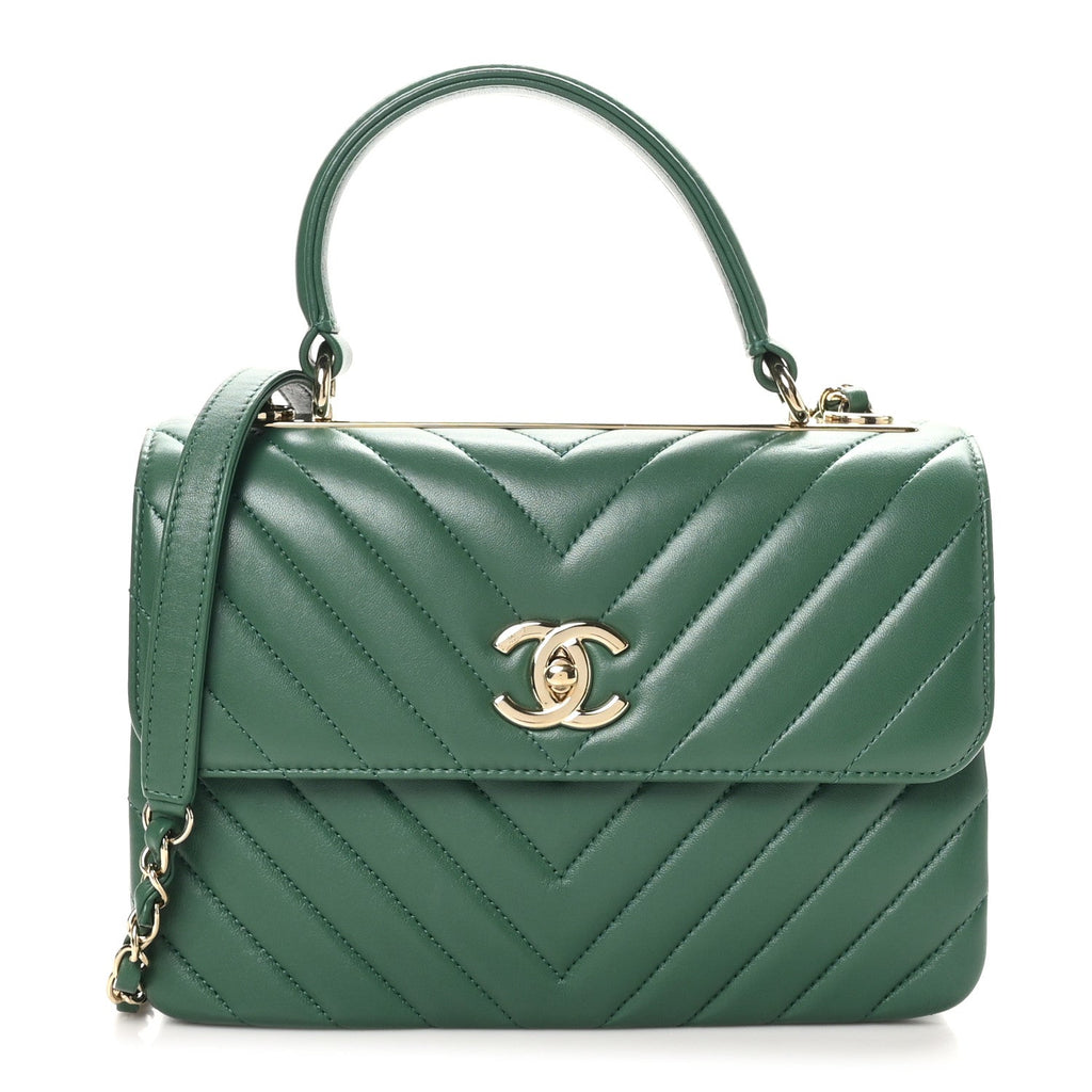 Lambskin Chevron Quilted Small Trendy CC Dual Handle Flap Bag Green