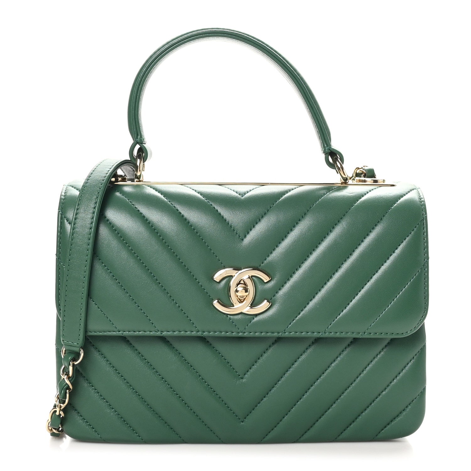 Lambskin Chevron Quilted Small Trendy CC Dual Handle Flap Bag Green