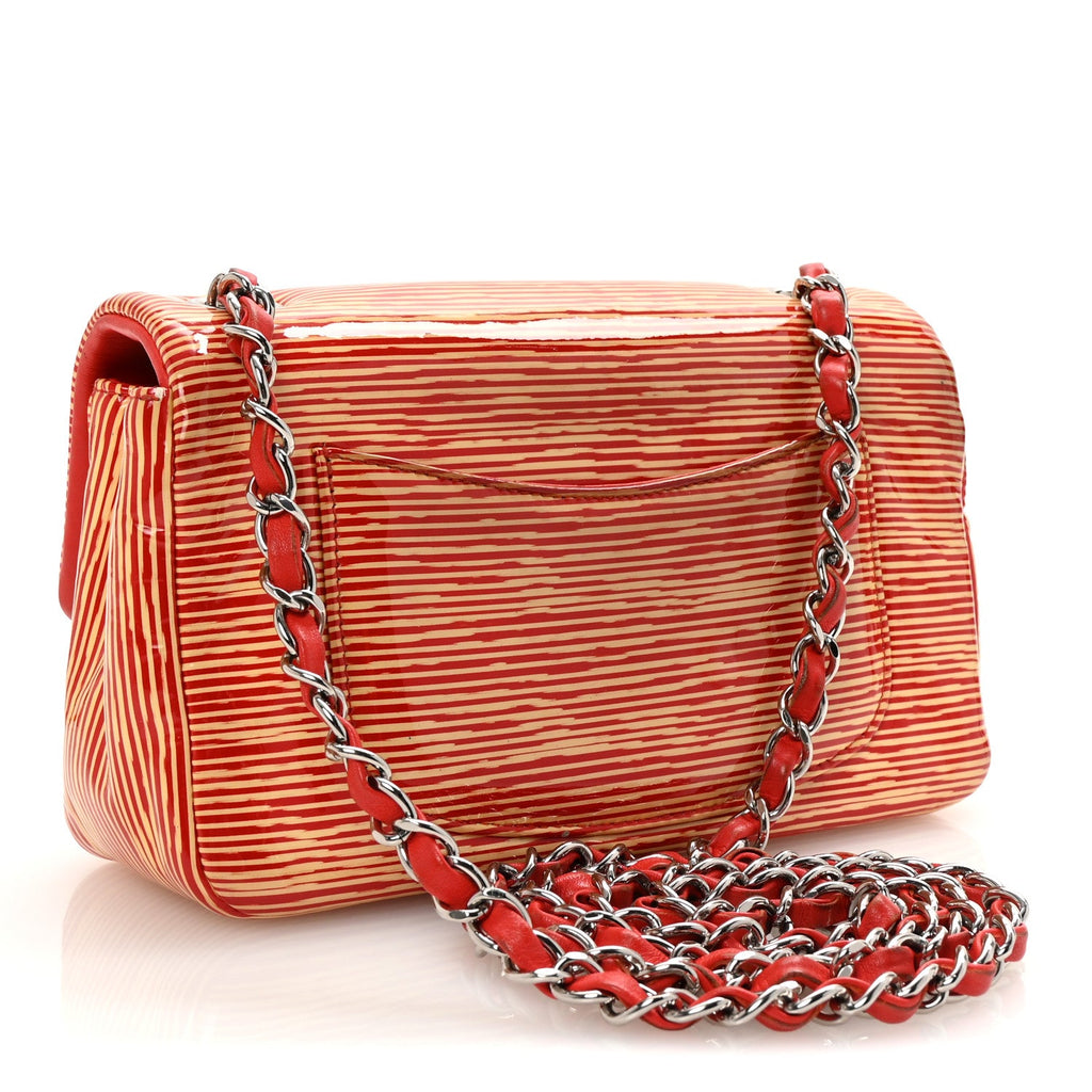 Patent Calfskin Striped Mini Rectangular Flap Red