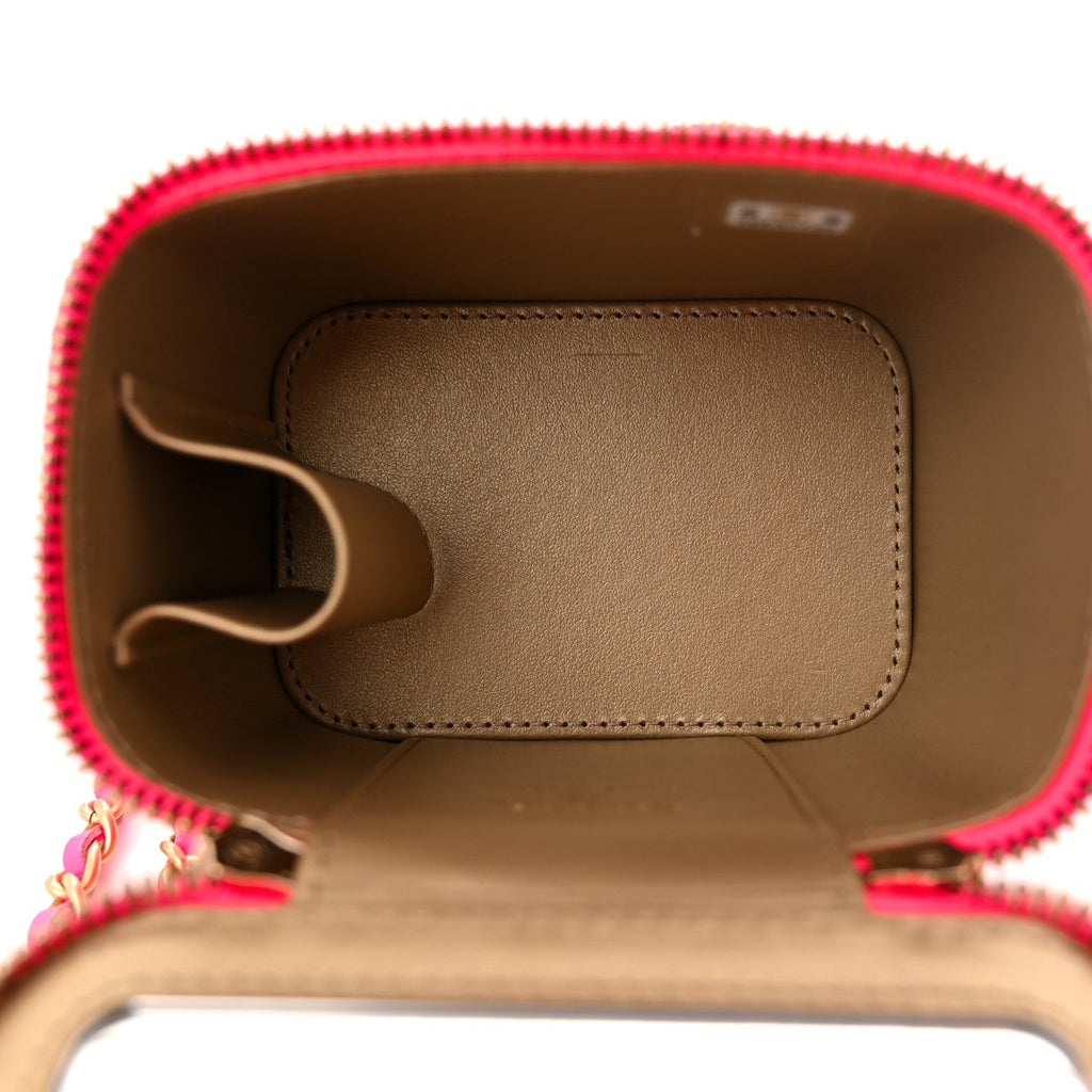 Patent Quilted Pearl Crush Mini Vanity Case With Chain Neon Pink