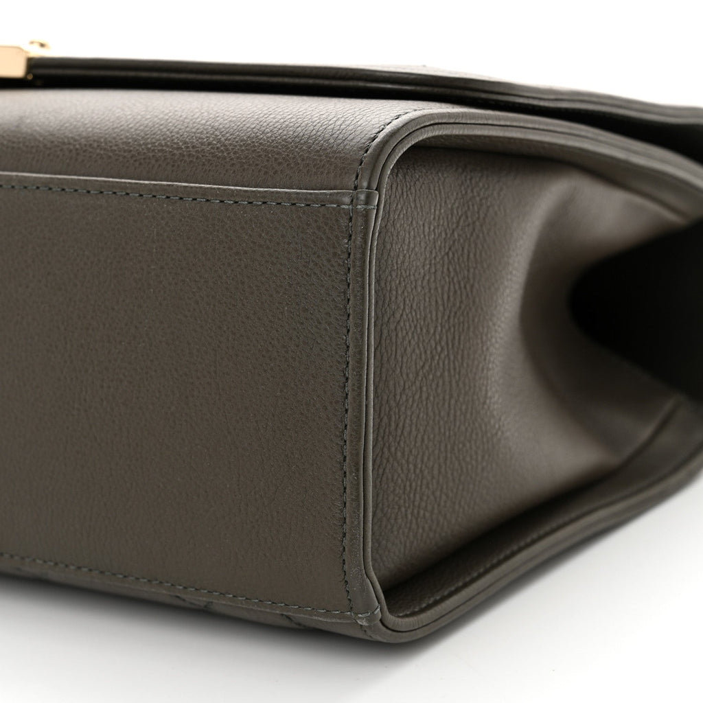 Grained Calfskin Quilted Large Label  Flap Bag Khaki