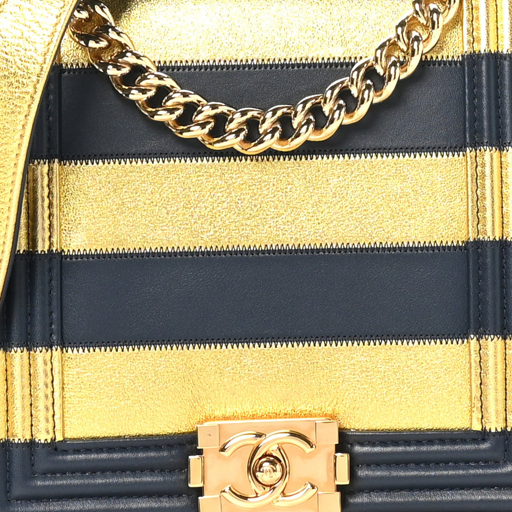 Metallic Lambskin Striped North South Boy Flap Navy Gold