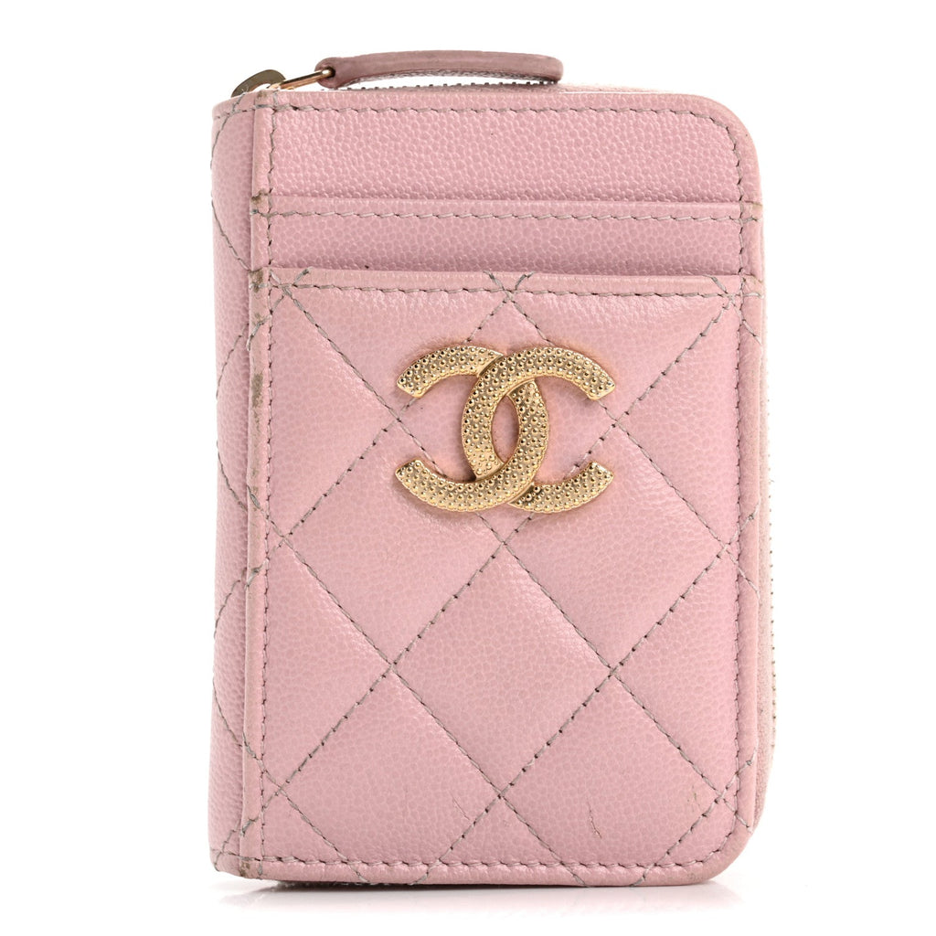 Caviar Quilted Studded CC Zip  Holder Pink