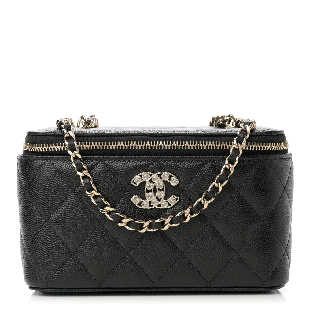 Caviar Quilted Crystal Hearts Small Vanity Case With Chain Black
