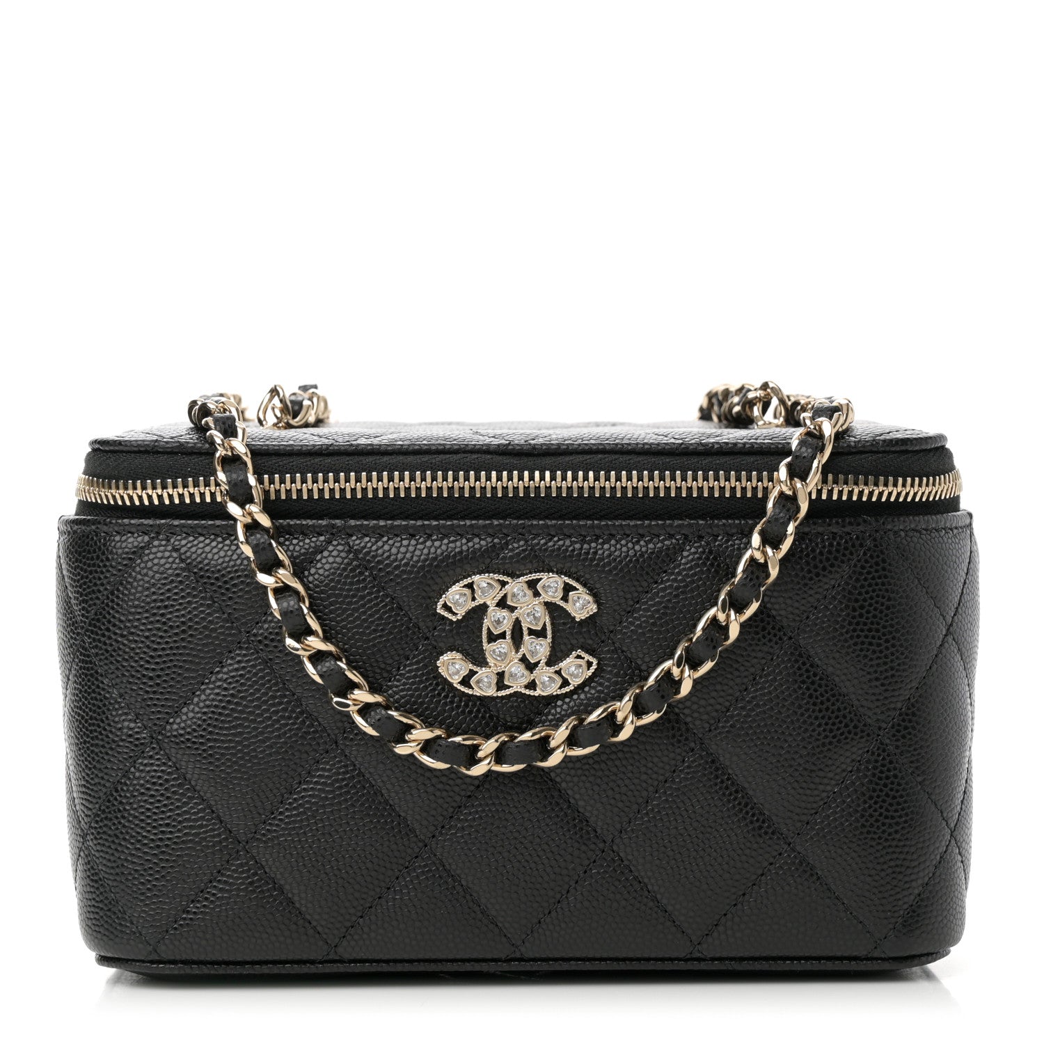 Caviar Quilted Crystal Hearts Small Vanity Case With Chain Black
