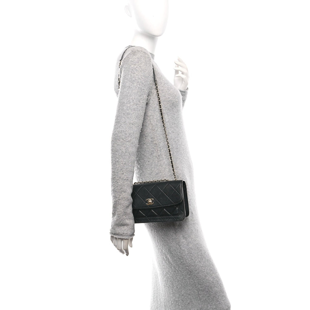 Lambskin Stitched Quilted Flap Black