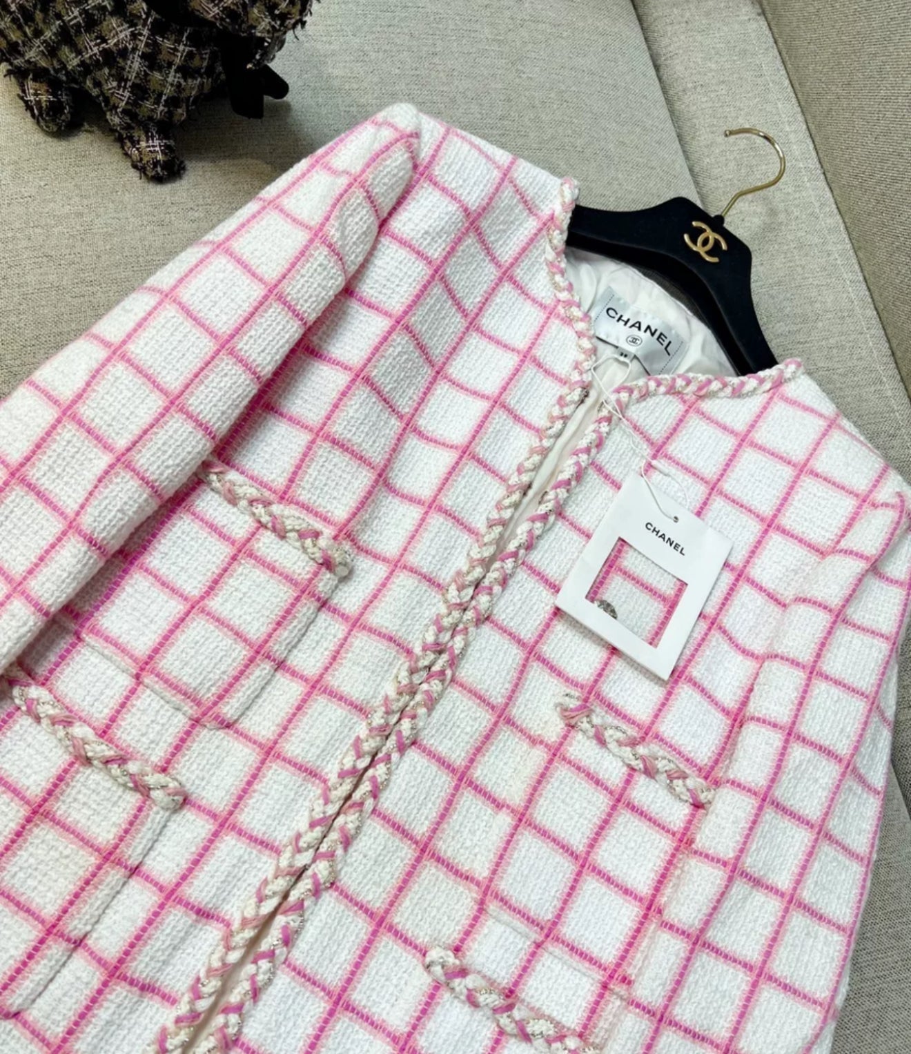 Chanel 23C pink and white four-pocket jacket