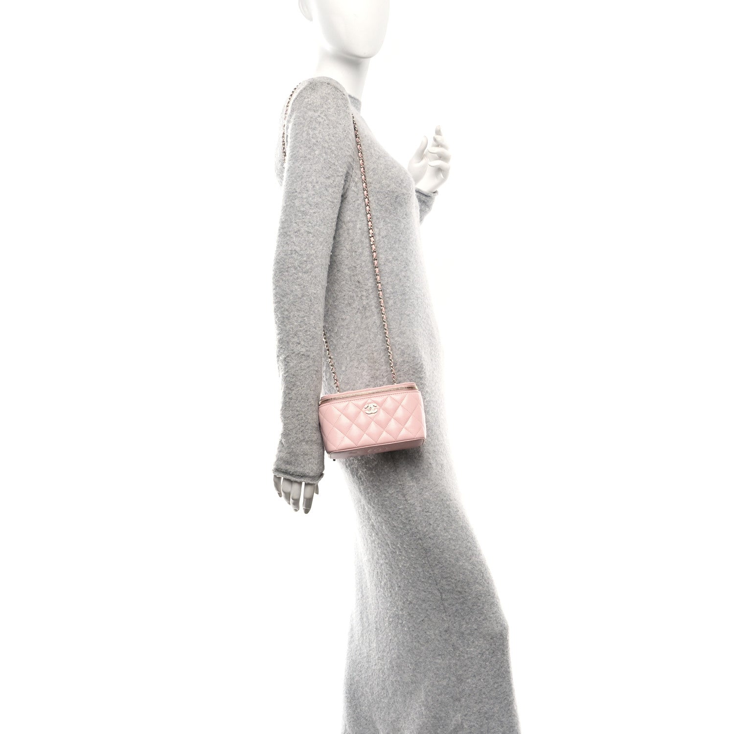 Caviar Quilted  Vanity Case With Chain Pink