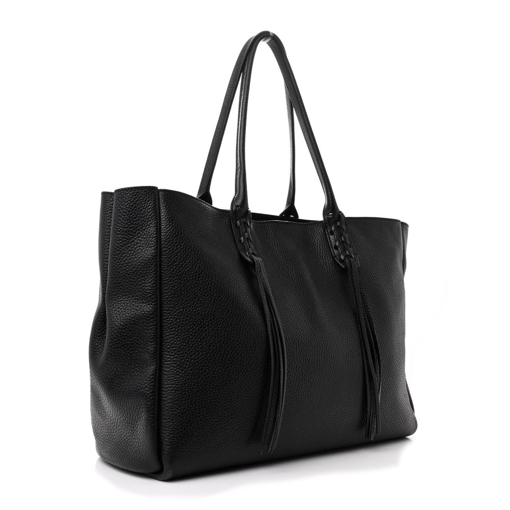 Grained Calfskin Logo Small Fringe Shopper Tote Black