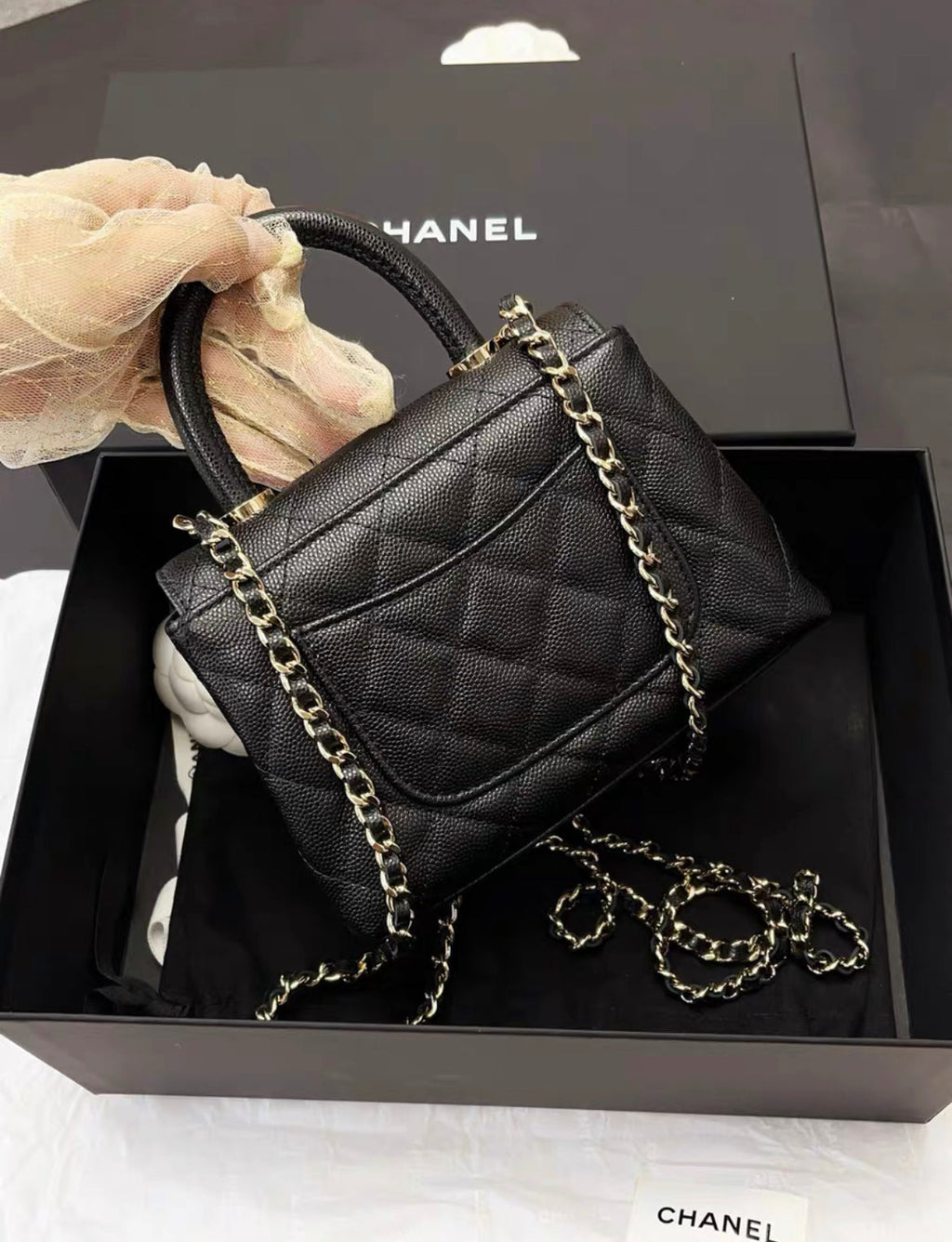 Chanel 24K Nano Coco Top Handle Flap Bag Black Caviar Light Gold Hardware