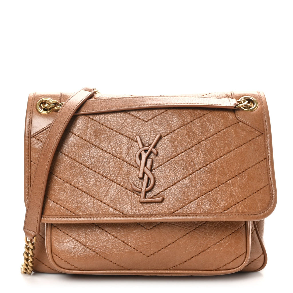 Crinkled Calfskin Matelasse Monogram Medium Niki Chain Satchel Caramel