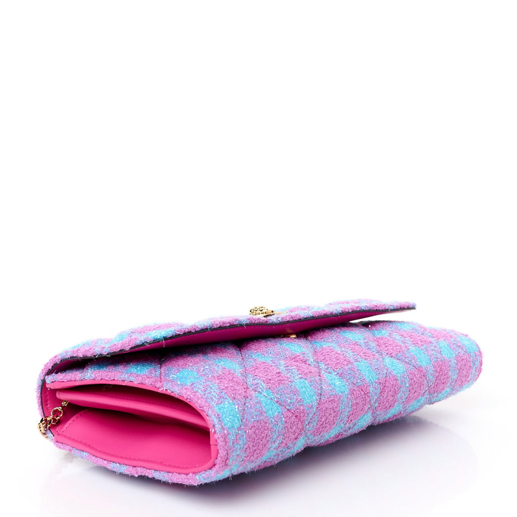 Tweed Quilted Medusa Wallet on Chain Crossbody Pink Blue