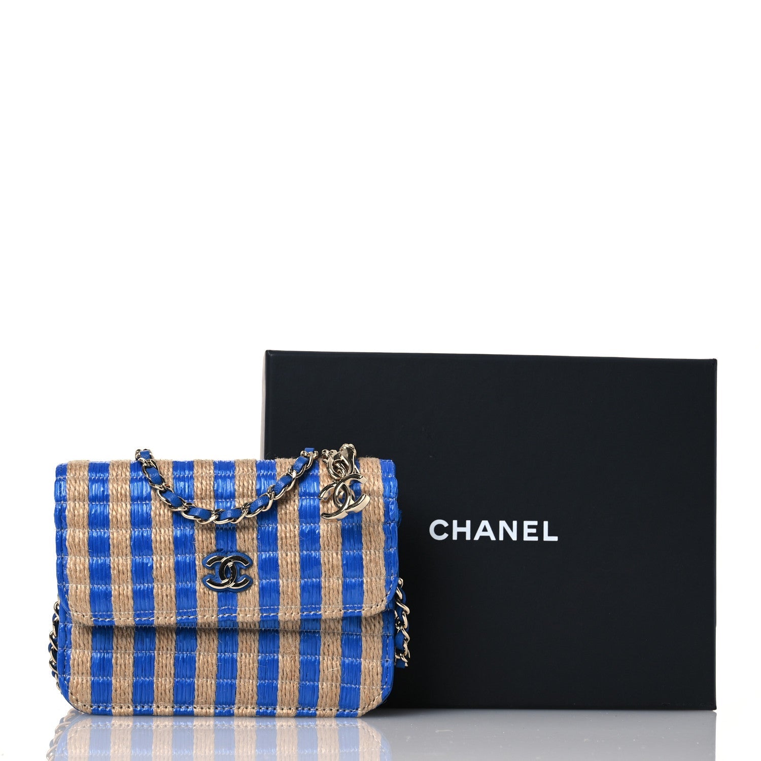 Raffia Jute Striped Belt Bag Blue Beige