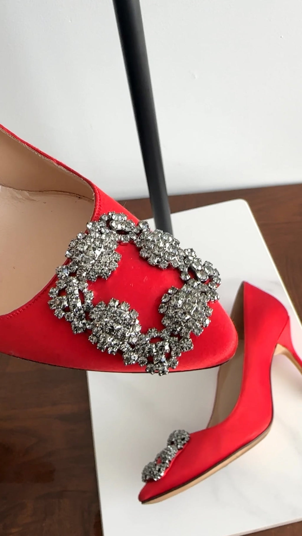 Manolo Blahnik Red Silk Satin Crystal Hangisi Pumps - 37