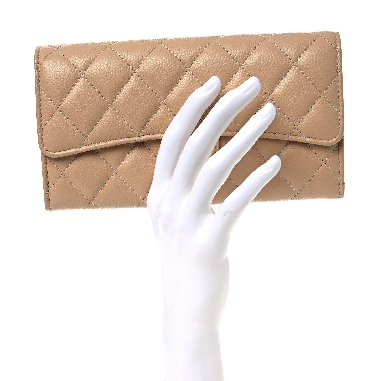 Caviar Quilted Large Gusset Flap Wallet Beige