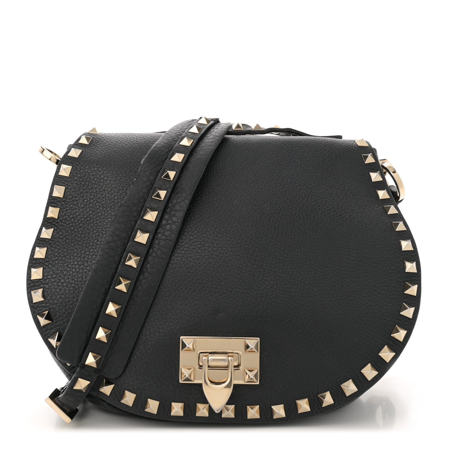 Grained Calfskin Rockstud Saddle Bag Black