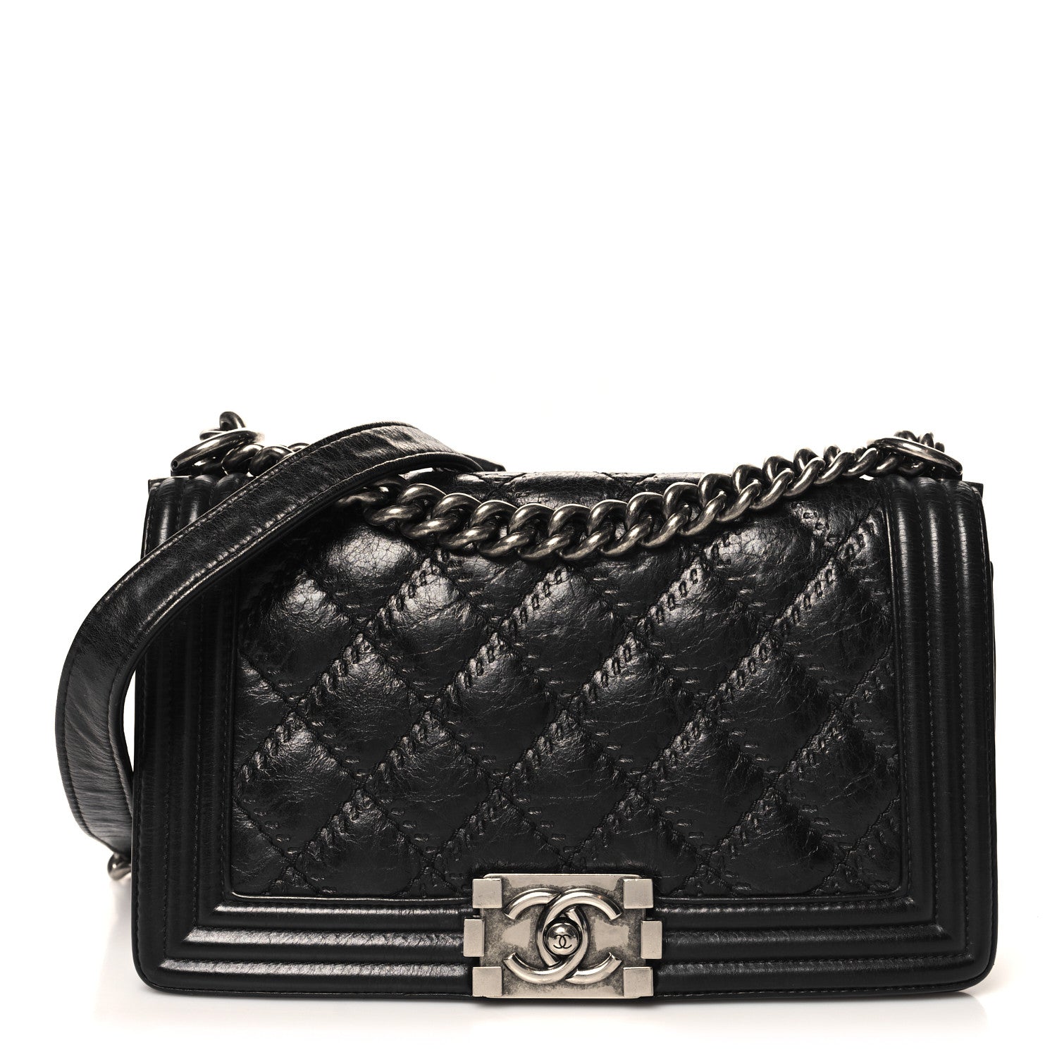 Calfskin Double Stitch Medium Boy Flap Black