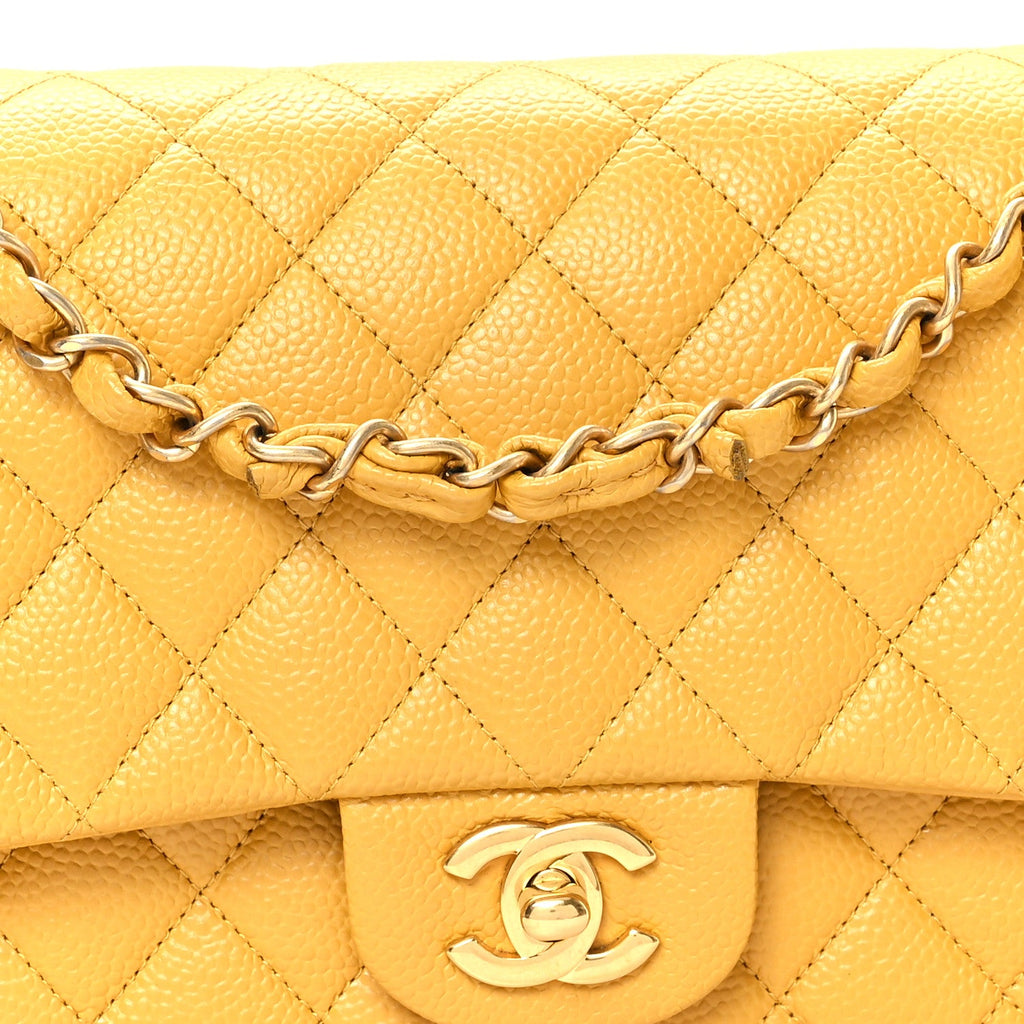 Caviar Quilted Medium Double Flap Yellow