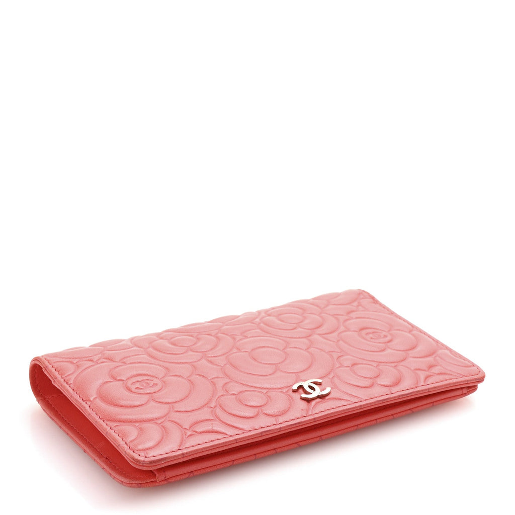 Lambskin Camellia Embossed Yen Wallet Pink