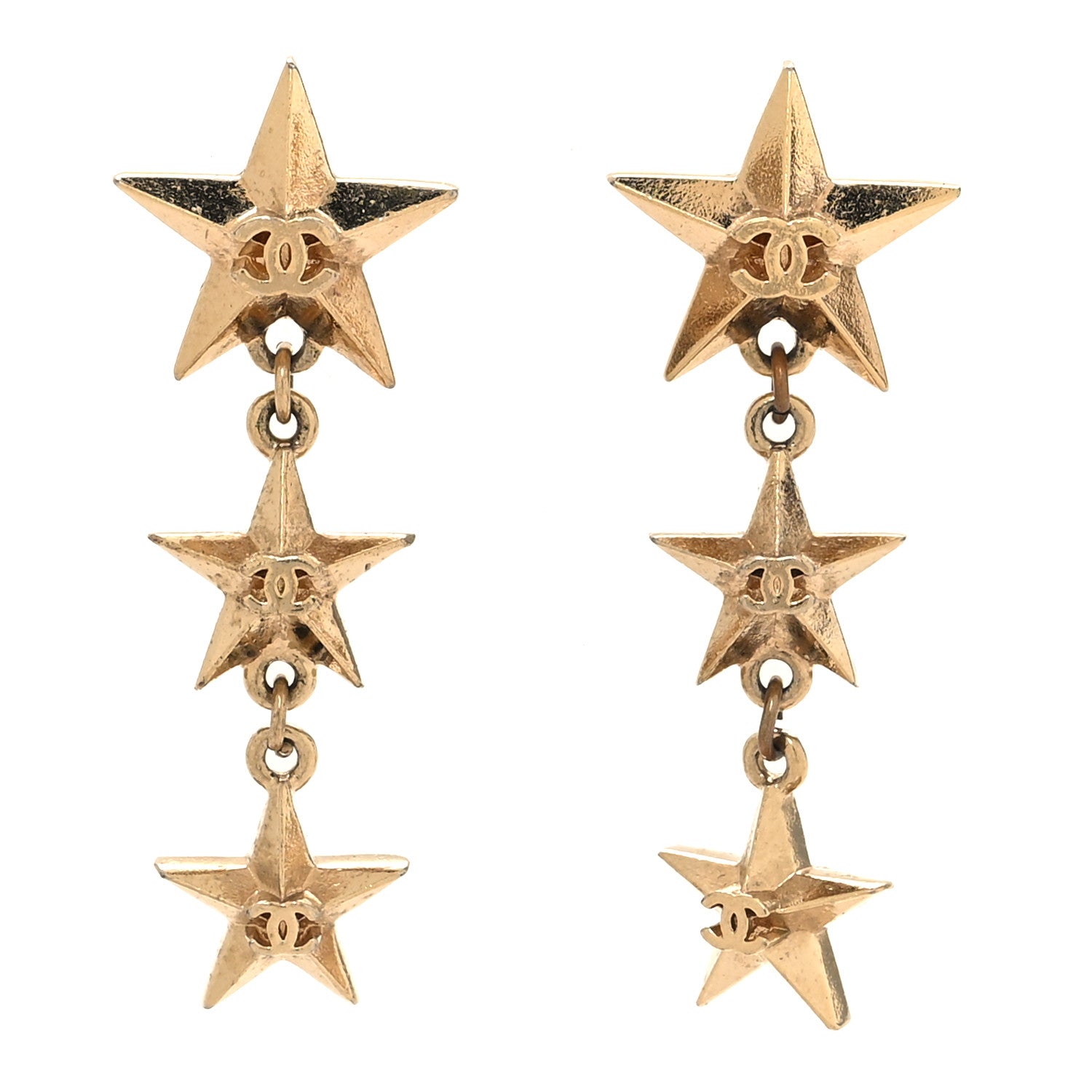 Metal CC Triple Star Drop Earrings Gold