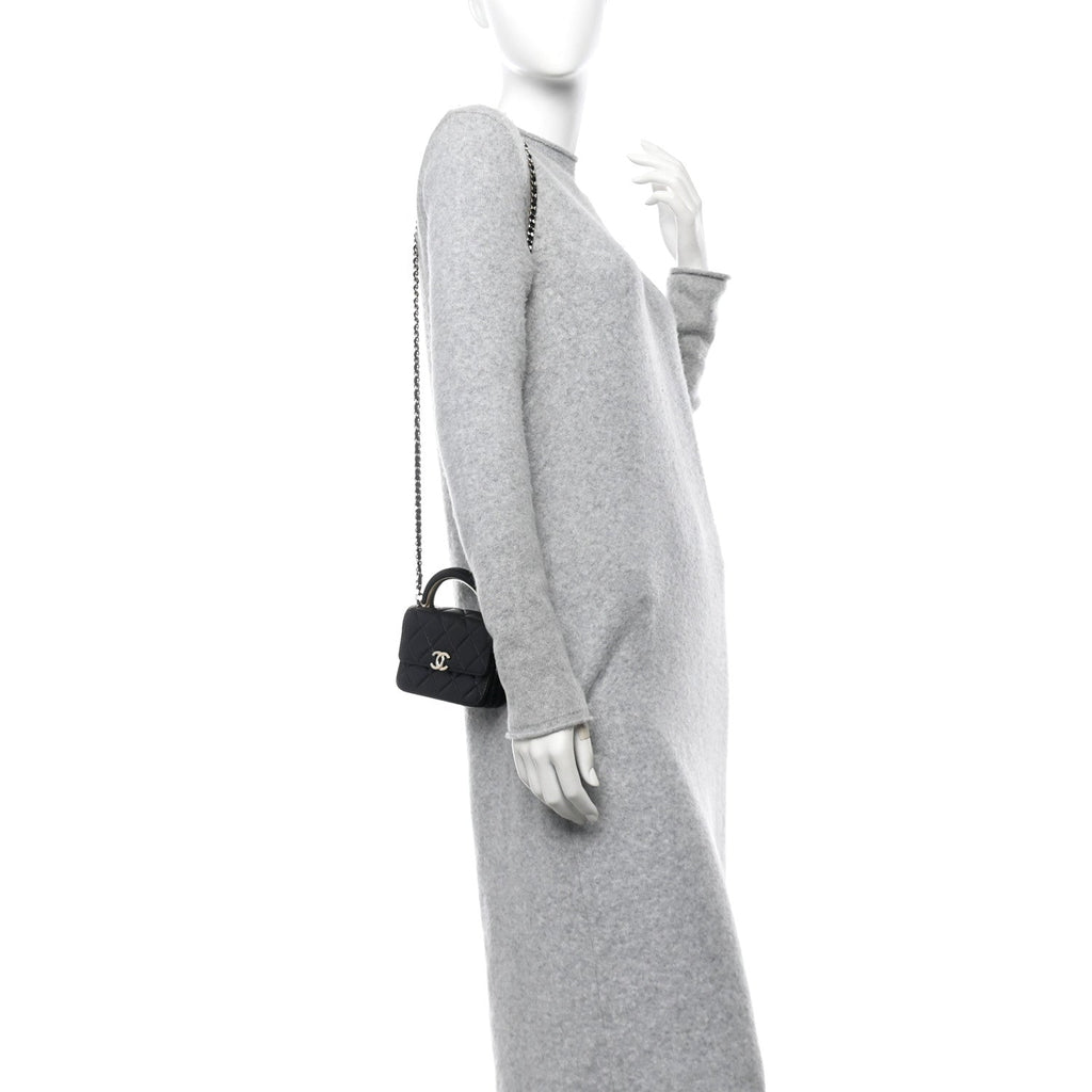 Lambskin Quilted Top Handle Flap Clutch With Chain Black