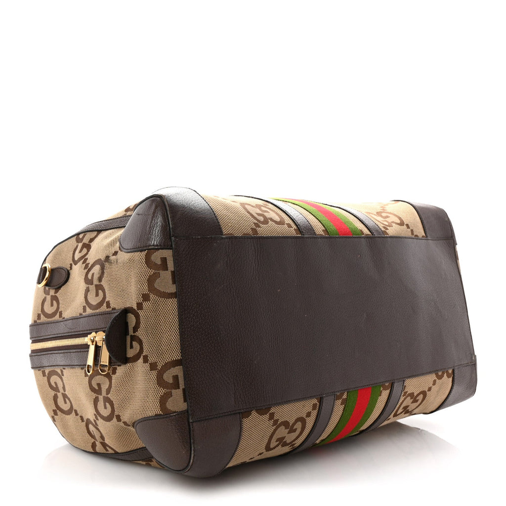 Monogram Jumbo GG Textured Dollar Calfskin Web Large Duffle Bag Camel Ebony
