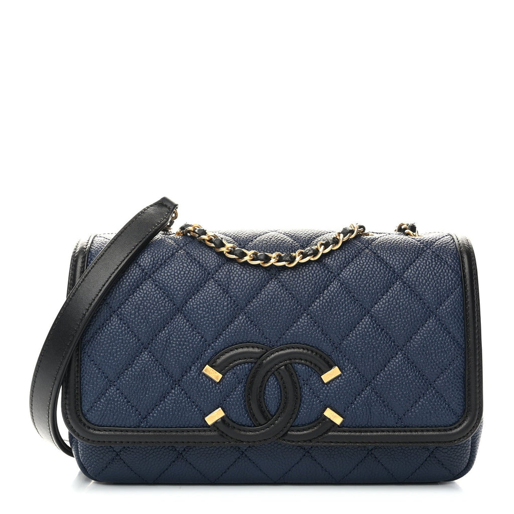Caviar Quilted Small CC Filigree Flap Navy Black