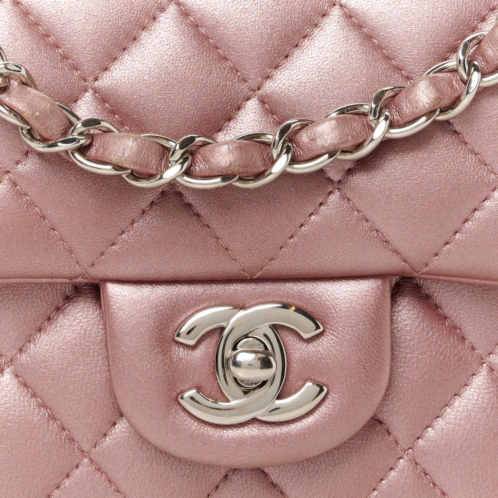 Metallic Lambskin Quilted Mini Rectangular Flap Pink