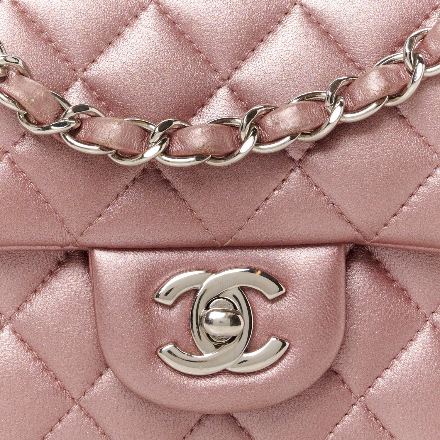 Metallic Lambskin Quilted Mini Rectangular Flap Pink