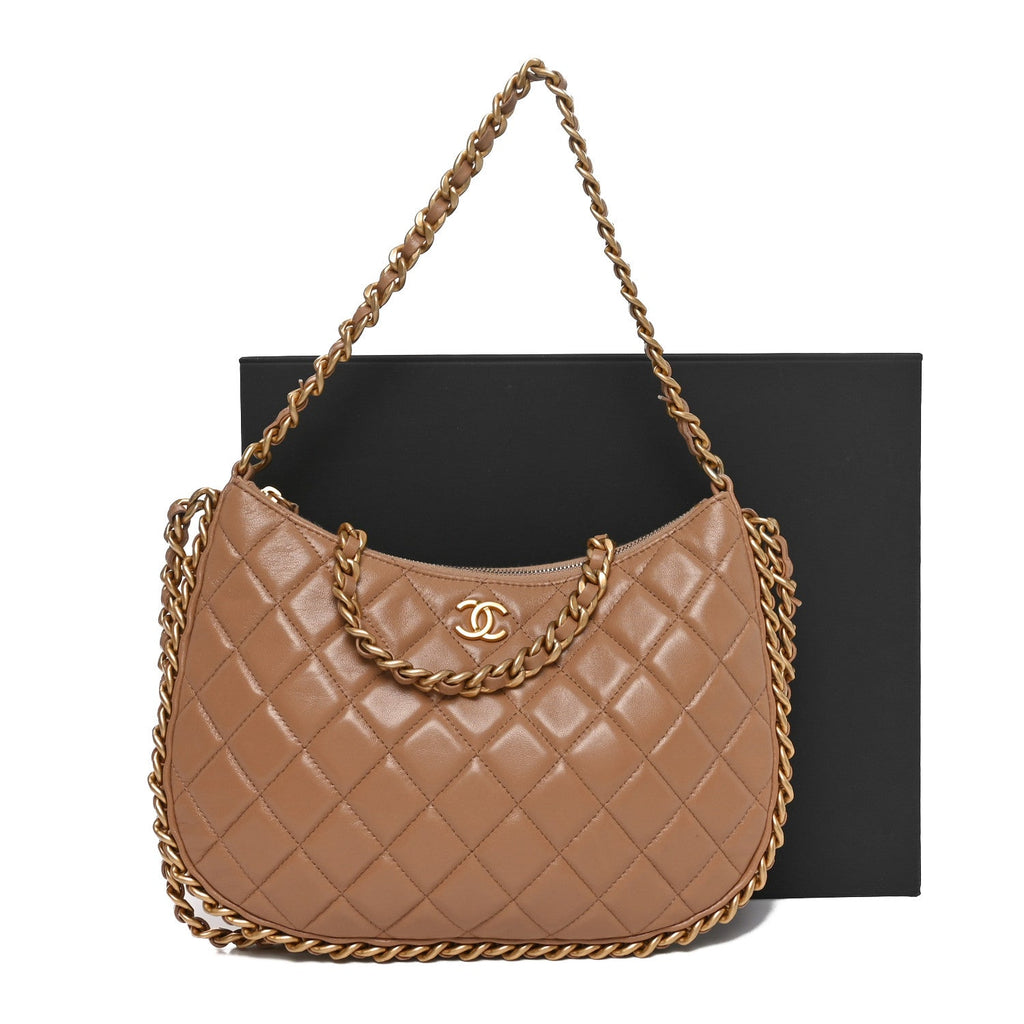 Shiny Crumpled Lambskin Quilted Large Trendy Chain Around Hobo Dark Beige