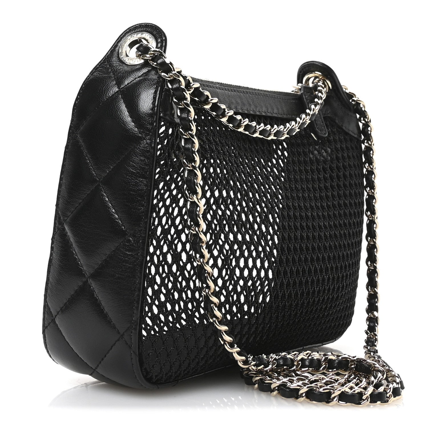 Mesh Shiny Lambskin Clutch With Chain  Black