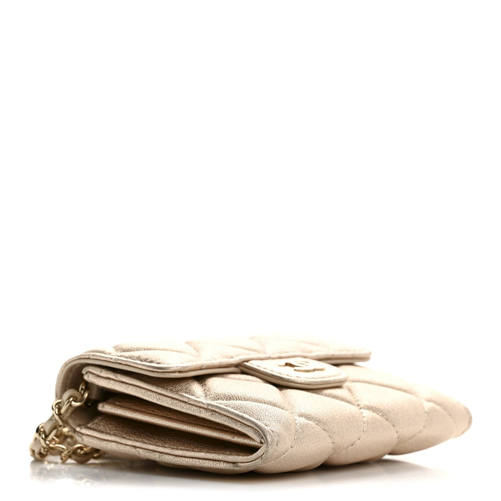 Metallic Lambskin Quilted Flap  Holder On Chain Gold
