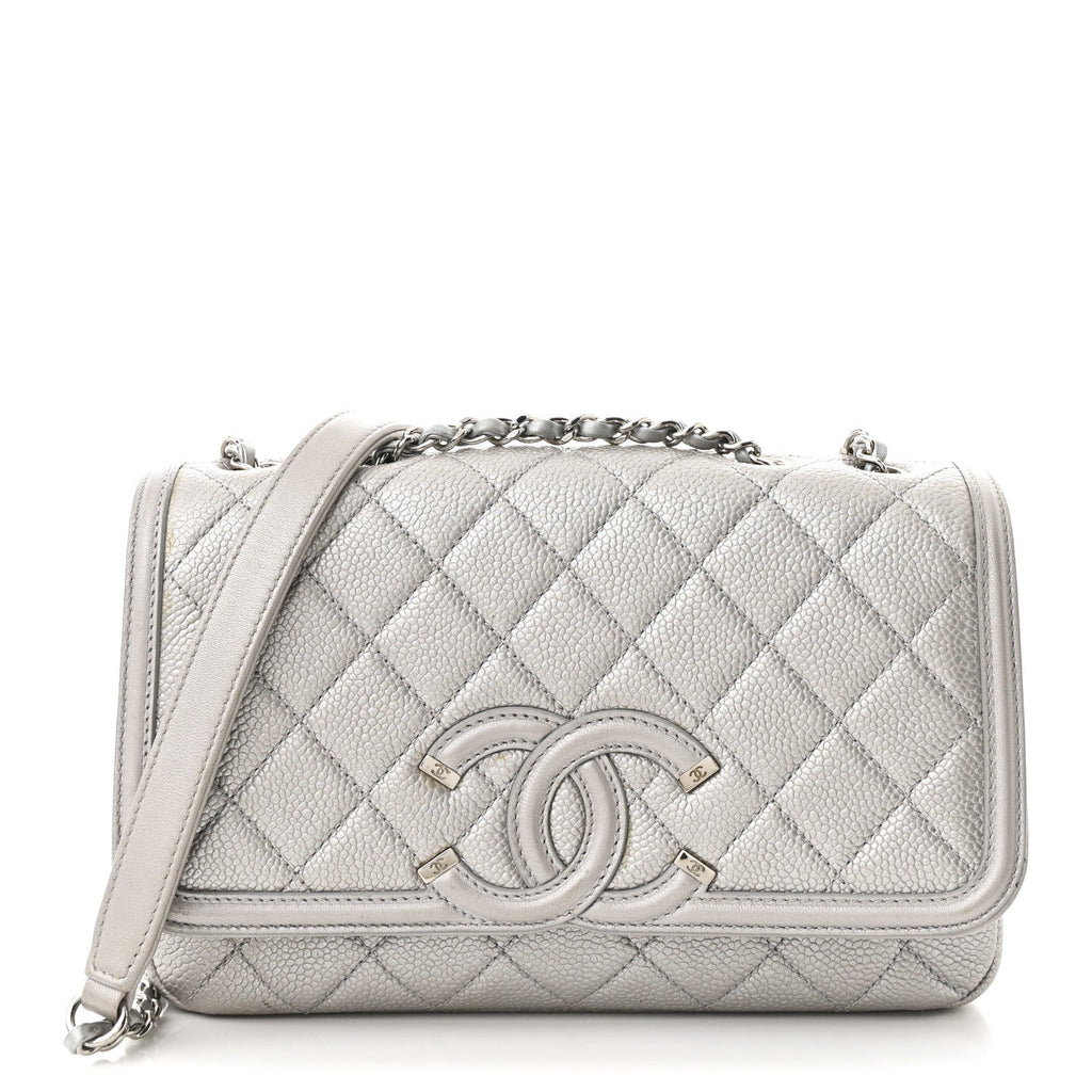 Metallic Caviar Quilted Small CC Filigree Flap Silver