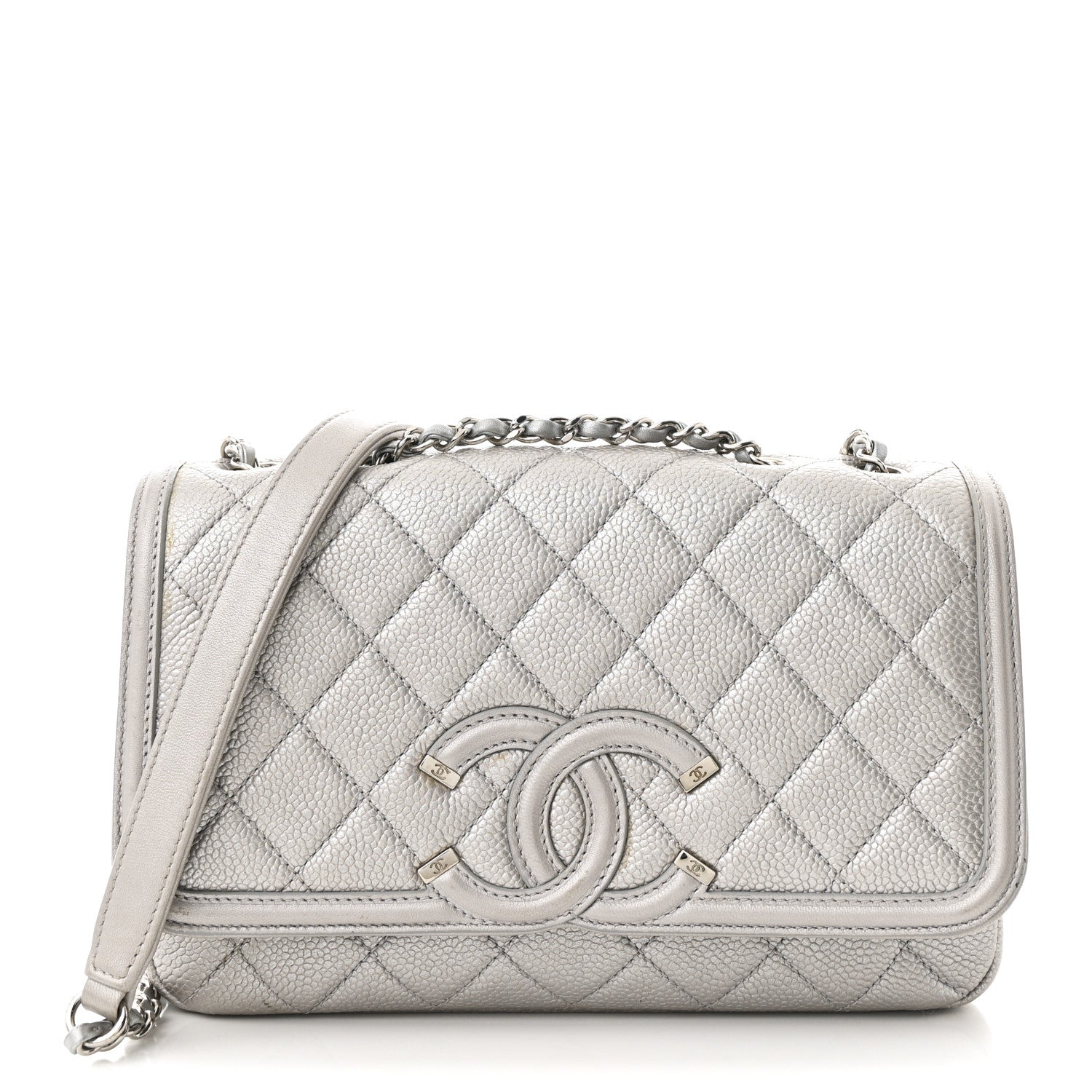 Metallic Caviar Quilted Small CC Filigree Flap Silver