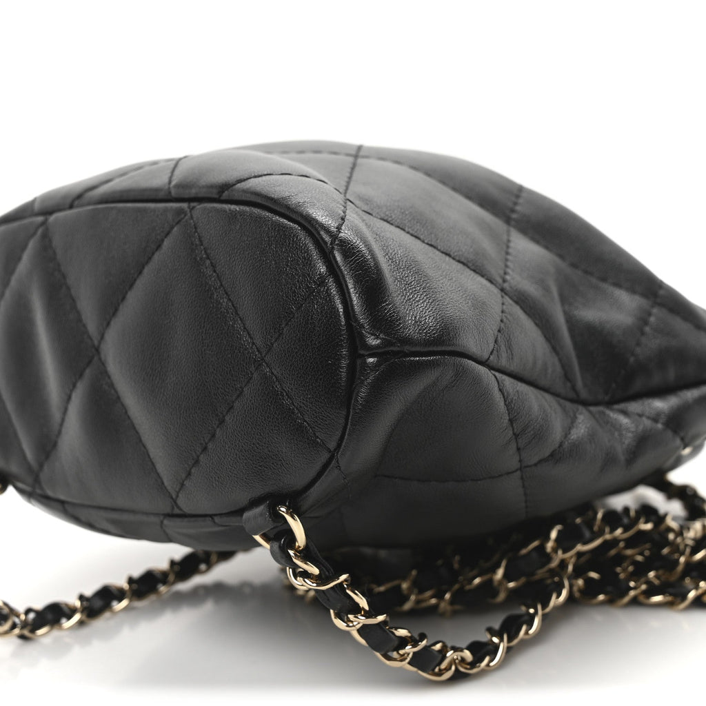 Shiny Lambskin Quilted Drawstring Backpack Black