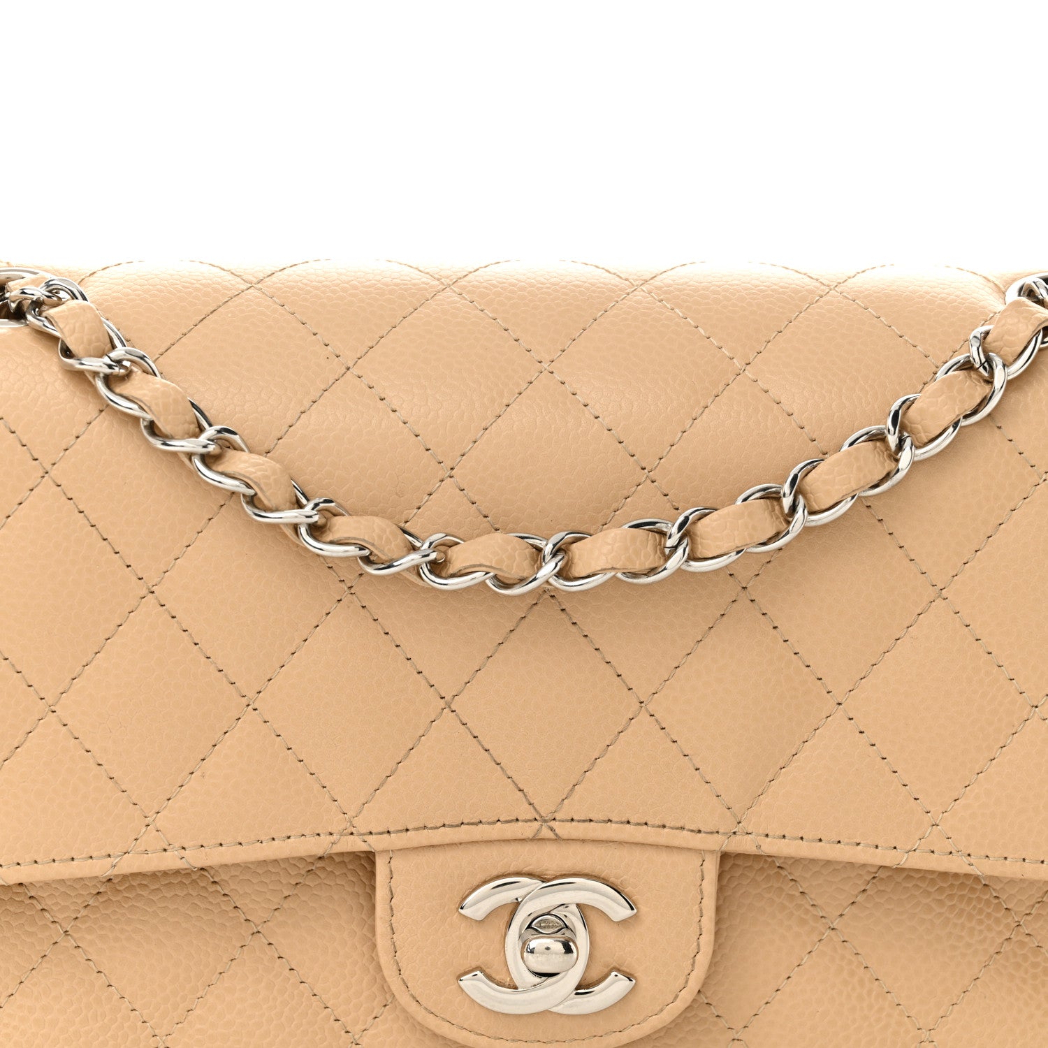 Caviar Quilted Medium Double Flap Beige