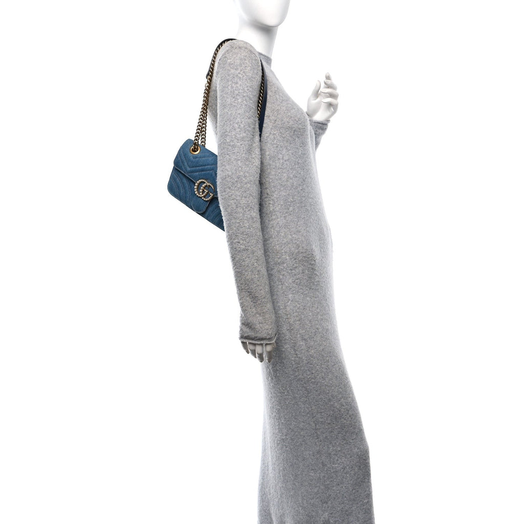 Denim Matelasse Mini Pearly GG Marmont Shoulder Bag Blue