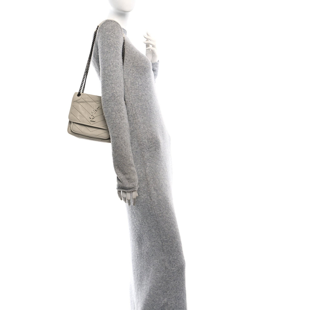 Crinkled Calfskin Matelasse Monogram Baby Niki Chain Satchel Ivory