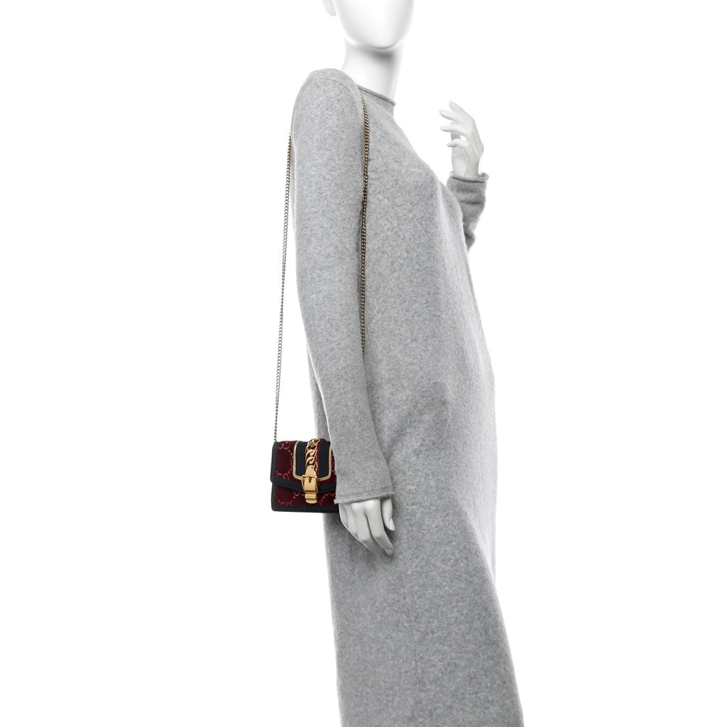 Velvet GG Monogram Super Mini Sylvie Chain Shoulder Bag Red Cipria Black