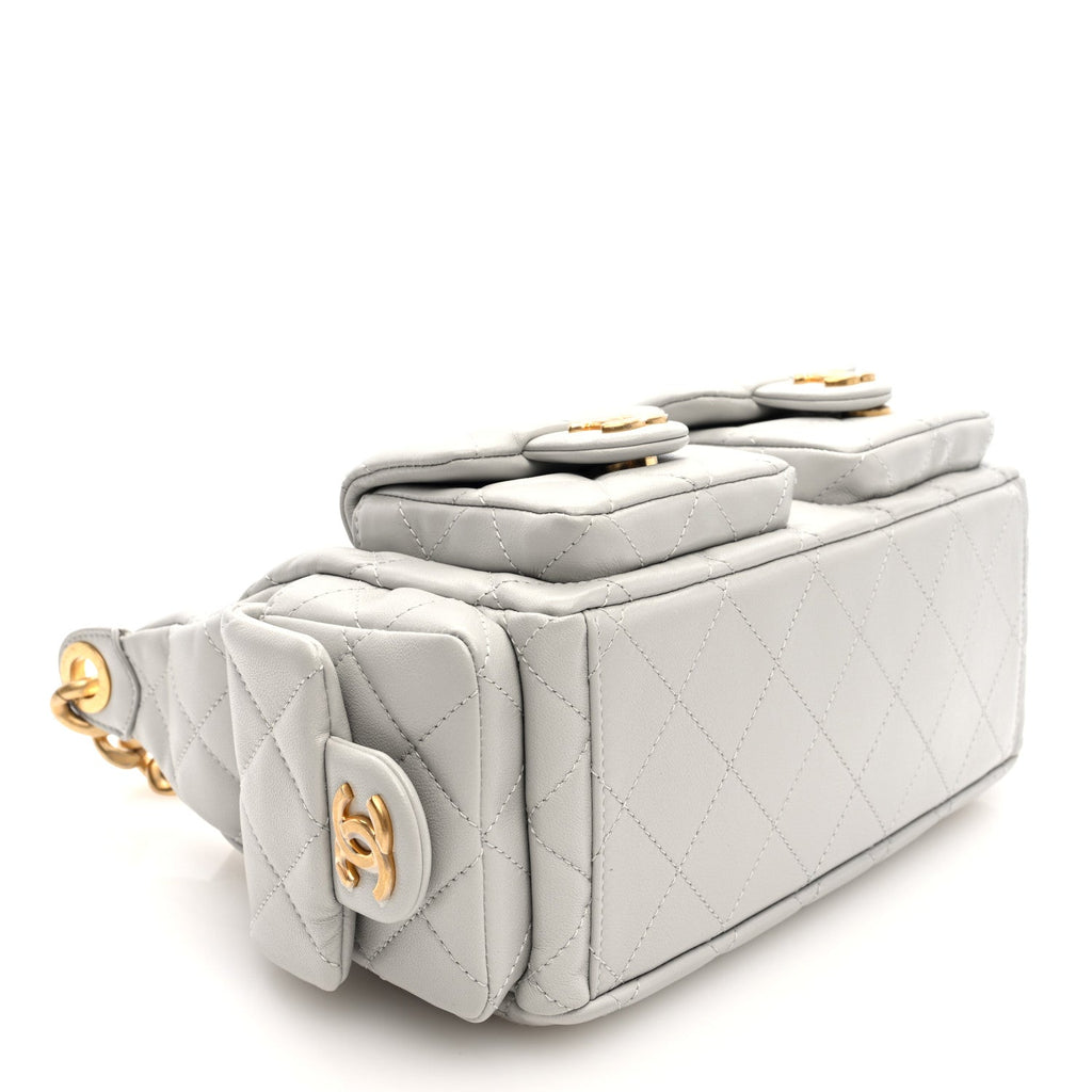 Shiny Lambskin Quilted Large Trendy Pockets Hobo Light Grey