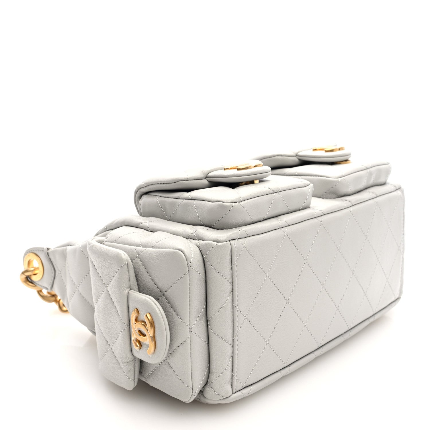 Shiny Lambskin Quilted Large Trendy Pockets Hobo Light Grey